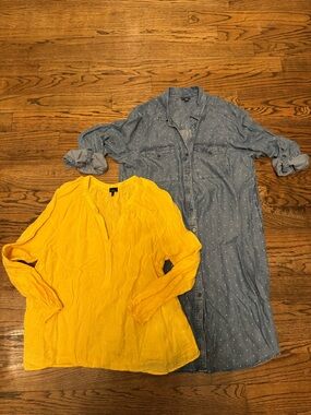 J. Jill Yellow V-Neck Blouse & Light Blue Polka Dot Chambray Shirt Dress by